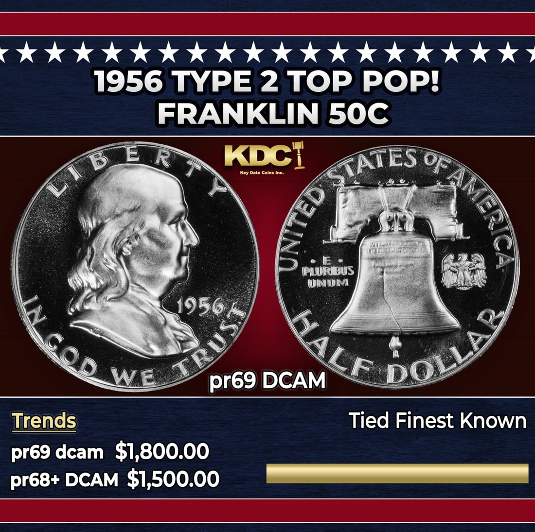1956 Type 2 Proof Franklin Half Dollar TOP POP! 50c pr69 DCAM SEGS: 1956 Type 2 TOP POP! Franklin Half Dollar 50c pr69 DCAM SEGS. Historic precious metal trends is causing increased spot pricing by the day. On auctions with set openings, we are doing our best