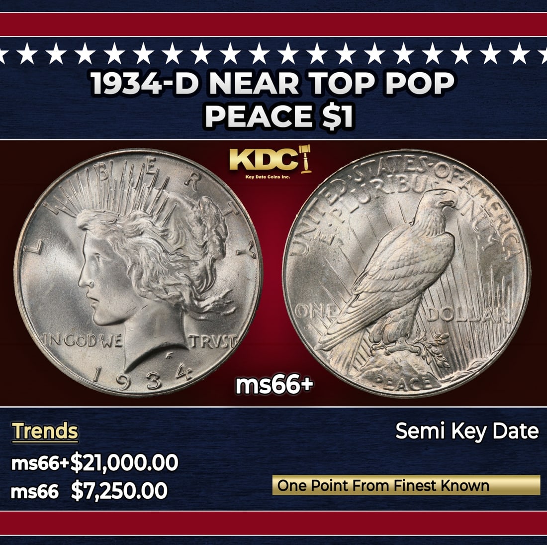 1934-d Peace Dollar Near Top Pop $1 ms66+ SEGS: 1934-d Near Top Pop Peace Dollar $1 ms66+ SEGS. Historic precious metal trends is causing increased spot pricing by the day. On auctions with set openings, we are doing our best to have items priced a