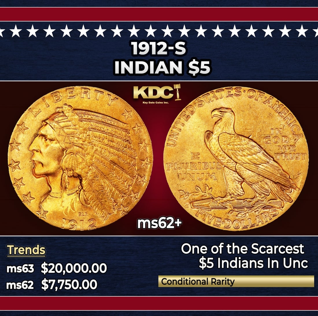 1912-s Gold Indian Half Eagle $5 ms62+ USCG: 1912-s Gold Indian Half Eagle $5 ms62+ USCG. This is a boldly colored example displaying rose-honey surfaces. It is also sharply struck in most areas with pleasing satin luster. The S mintmark is typi