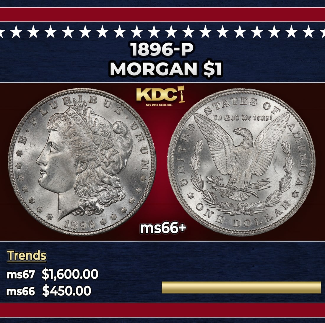 1896-p Morgan Dollar $1 ms66+ SEGS: 1896-p Morgan Dollar $1 ms66+ SEGS. Historic precious metal trends is causing increased spot pricing by the day. On auctions with set openings, we are doing our best to have items priced at their mark