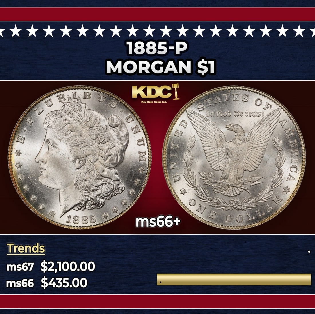 1885-p Morgan Dollar $1 ms66+ SEGS: 1885-p Morgan Dollar $1 ms66+ SEGS. Historic precious metal trends is causing increased spot pricing by the day. On auctions with set openings, we are doing our best to have items priced at their mark