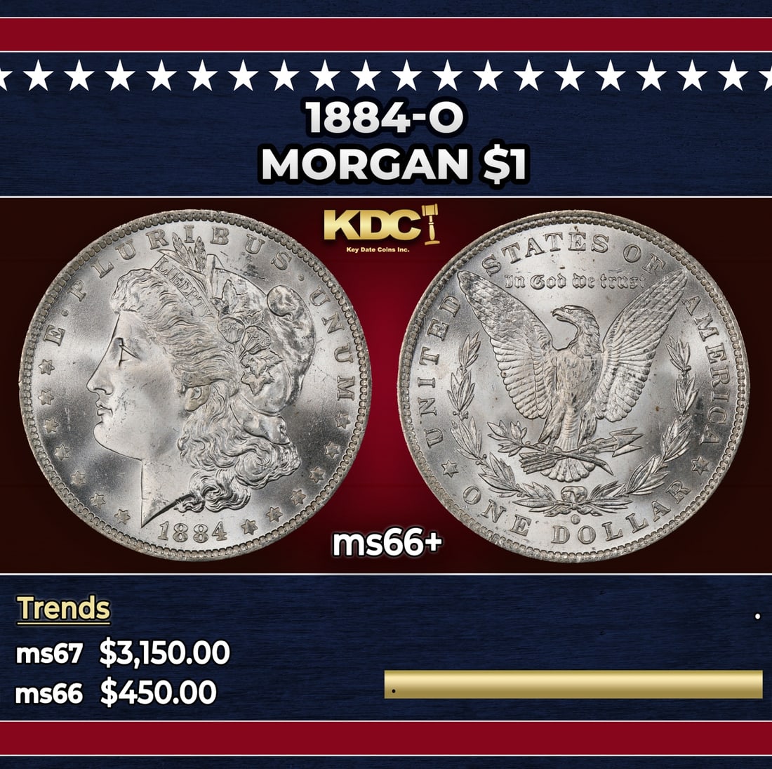 1884-o Morgan Dollar $1 ms66+ SEGS: 1884-o Morgan Dollar $1 ms66+ SEGS. Historic precious metal trends is causing increased spot pricing by the day. On auctions with set openings, we are doing our best to have items priced at their mark