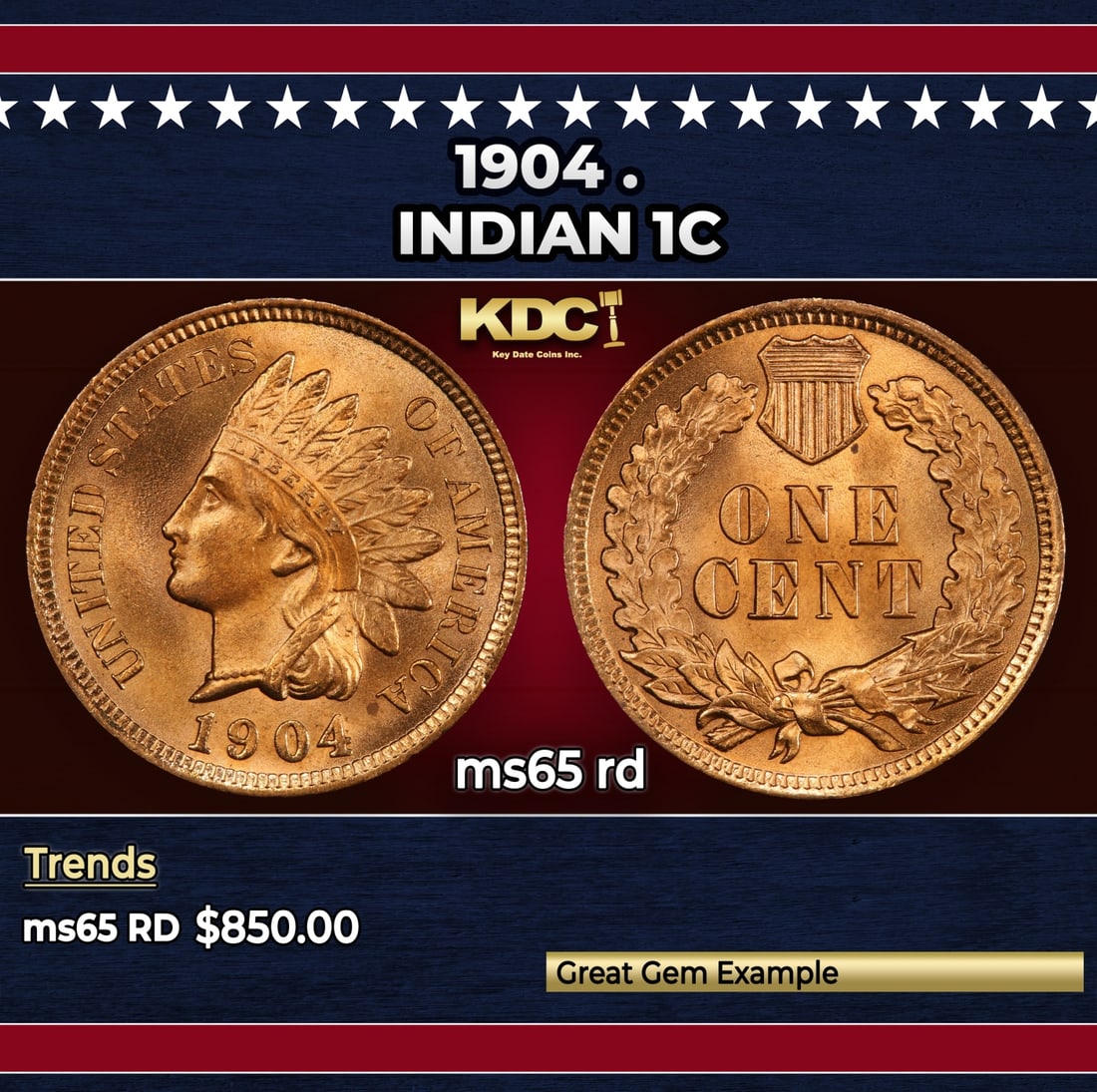 1904 Indian Cent . 1c Grades ms65 rd: 1904 . Indian Cent 1c Grades ms65 rd. Historic precious metal trends is causing increased spot pricing by the day. On auctions with set openings, we are doing our best to have items priced at their ma