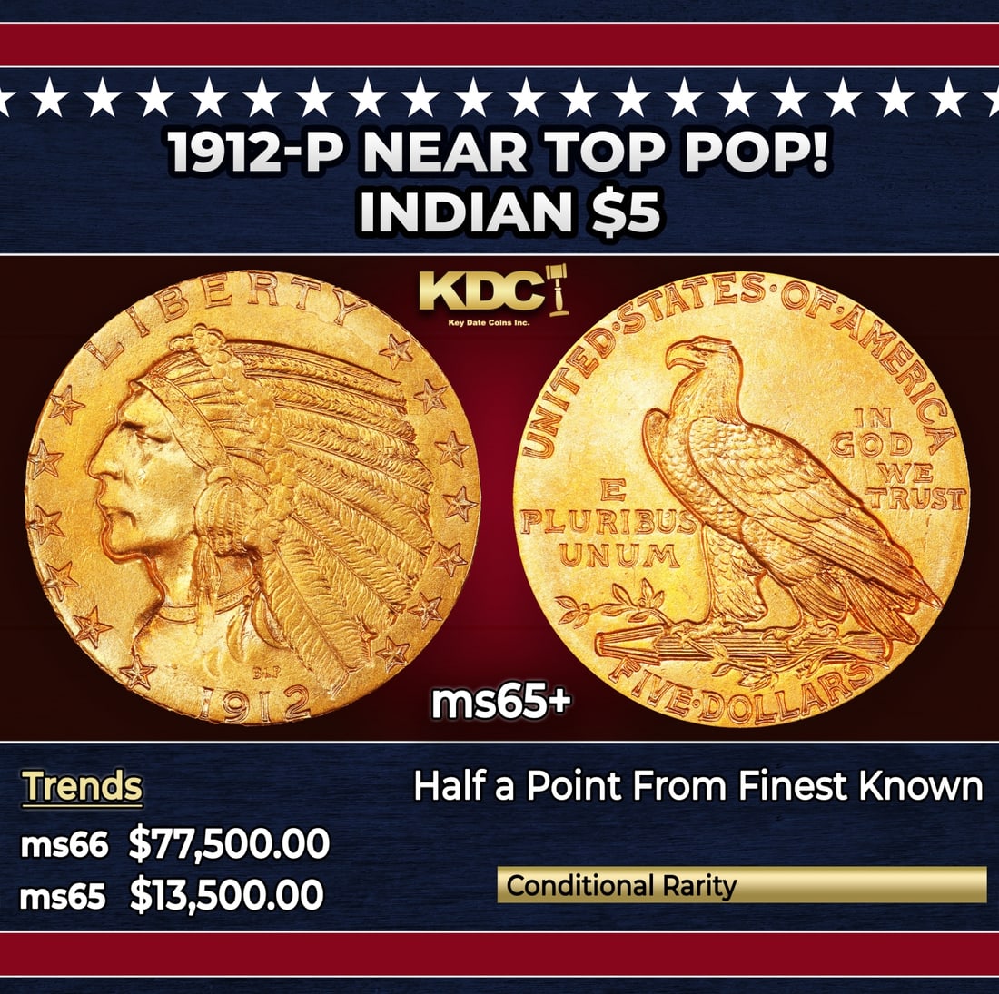 1912-p Gold Indian Half Eagle Near Top Pop! $5 ms65+ USCG: 1912-p Near Top Pop! Gold Indian Half Eagle $5 ms65+ USCG. Historic precious metal trends is causing increased spot pricing by the day. On auctions with set openings, we are doing our best to have ite
