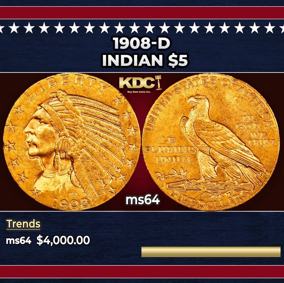 1908-d Gold Indian Half Eagle $5 ms64 USCG: 1908-d Gold Indian Half Eagle $5 ms64 USCG. Historic precious metal trends is causing increased spot pricing by the day. On auctions with set openings, we are doing our best to have items priced at th