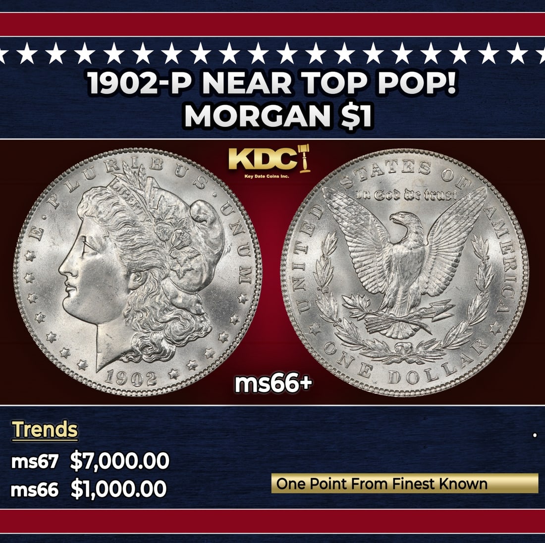 1902-p Morgan Dollar Near Top Pop! $1 ms66+ SEGS: 1902-p Near Top Pop! Morgan Dollar $1 ms66+ SEGS. Historic precious metal trends is causing increased spot pricing by the day. On auctions with set openings, we are doing our best to have items priced