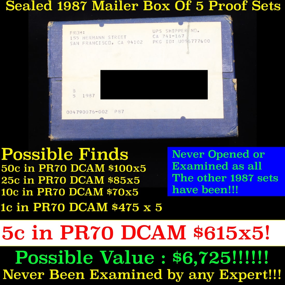 Original sealed box 5- 1987 United States Mint Proof Sets: Original sealed box 5- 1987 United States Mint Proof Sets. Up for Auction is an Unopened Mailer Box from 1987 containing 5 1987 Proof Sets!!!! Wow! - This Mailer Box is sealed exactly as it left the m