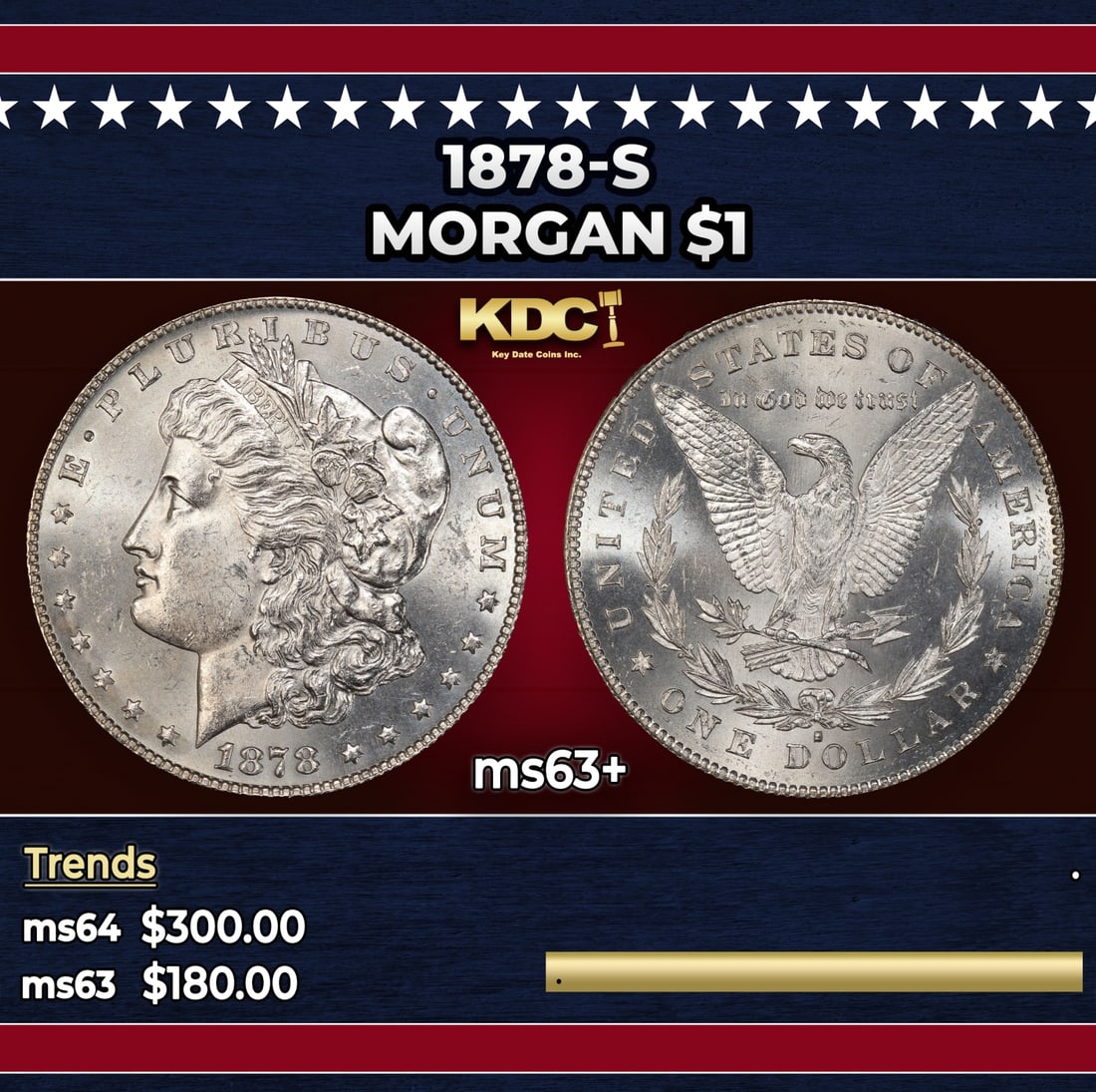 1878-s Morgan Dollar $1 Grades ms63+: 1878-s Morgan Dollar $1 Grades ms63+. Slightly better date. First year of issue. Historic precious metal trends is causing increased spot pricing by the day. On auctions with set openings, we are doin