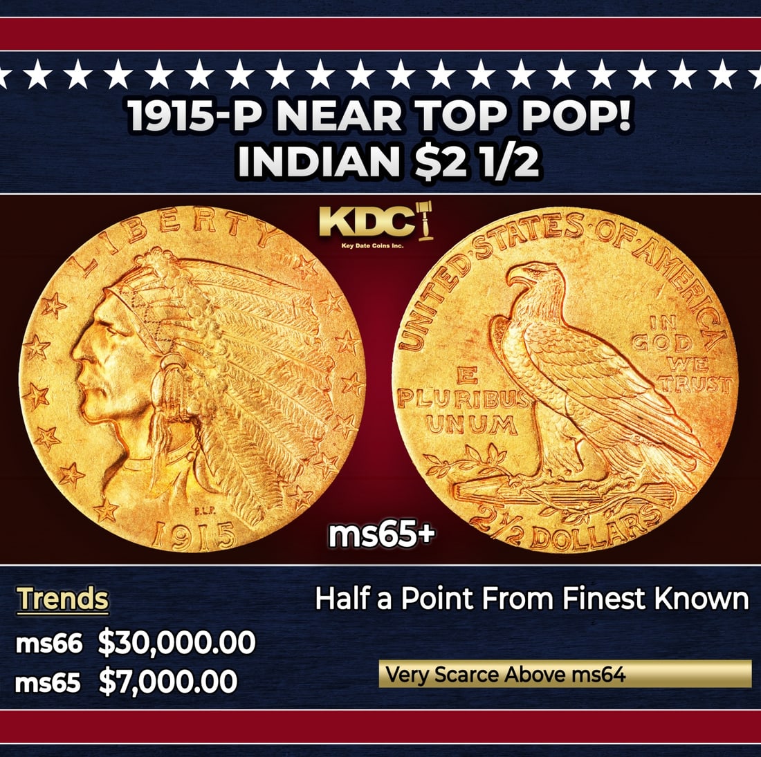 1915-p Gold Indian Quarter Eagle Near Top Pop! $2 1/2 ms65+ USCG: 1915-p Near Top Pop! Gold Indian Quarter Eagle $2 1/2 ms65+ USCG. The 1915 survives in great numbers through MS64, but like most other issues in Bela Lyon Pratt's Indian quarter eagle series, the popu
