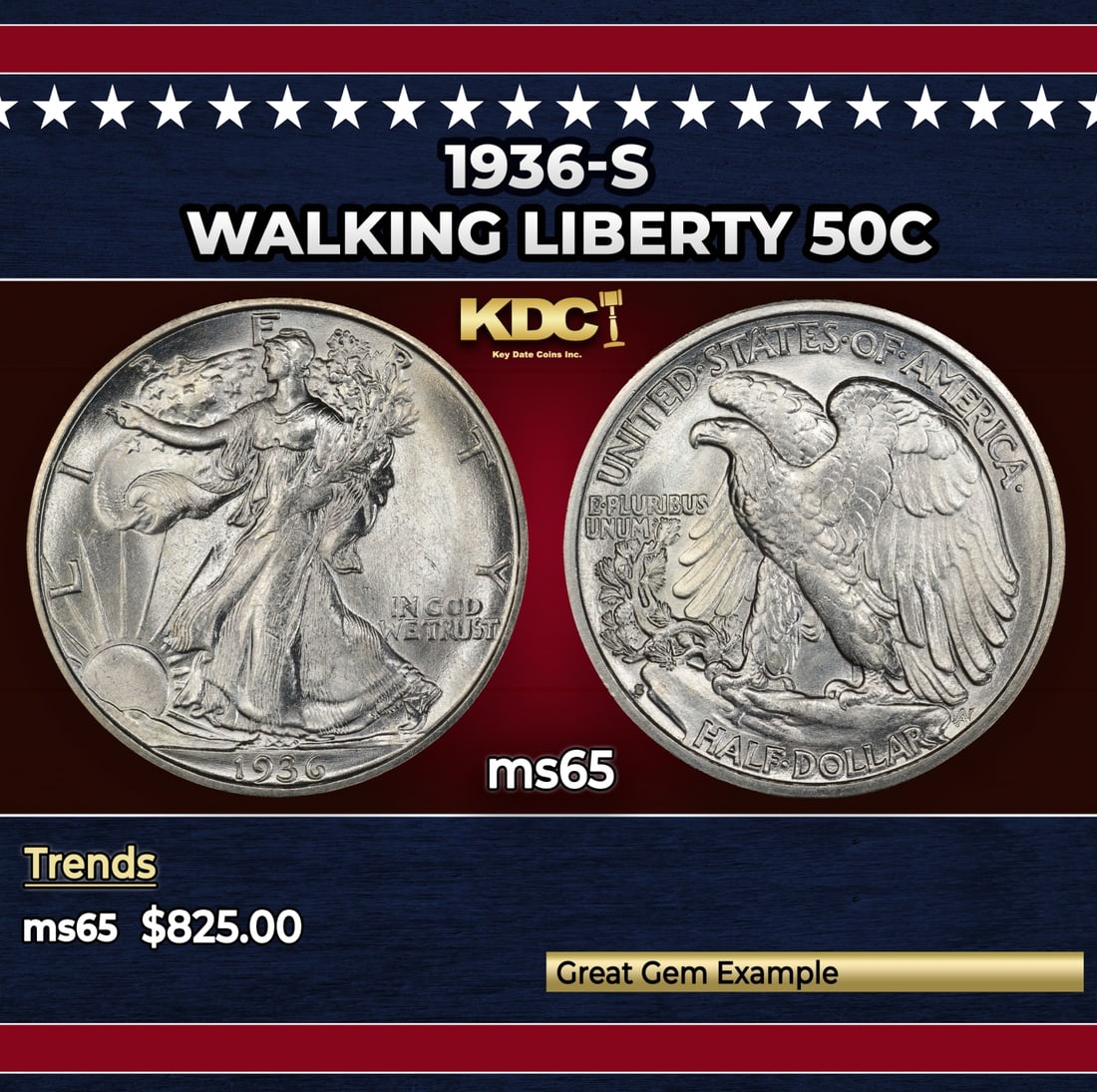 1936-s Walking Liberty Half Dollar 50c Grades ms65 (1 of 3)