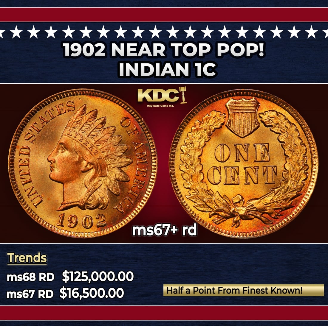 1902 Indian Cent Near Top Pop! 1c ms67+ rd SEGS: 1902 Near Top Pop! Indian Cent 1c ms67+ rd SEGS. Historic precious metal trends is causing increased spot pricing by the day. On auctions with set openings, we are doing our best to have items priced