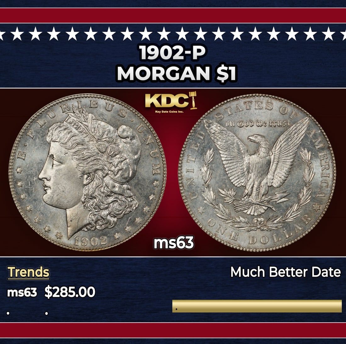 1902-p Morgan Dollar $1 Grades ms63: 1902-p Morgan Dollar $1 Grades ms63. Historic precious metal trends is causing increased spot pricing by the day. On auctions with set openings, we are doing our best to have items priced at their mar
