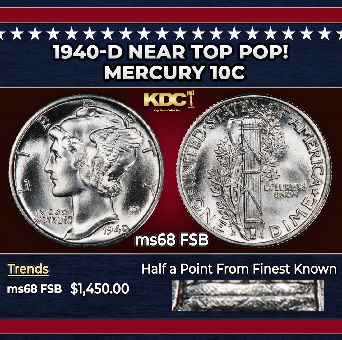 1940-d Mercury Dime Near Top Pop! 10c ms68 FSB SEGS: 1940-d Near Top Pop! Mercury Dime 10c ms68 FSB SEGS. Historic precious metal trends is causing increased spot pricing by the day. On auctions with set openings, we are doing our best to have items pri