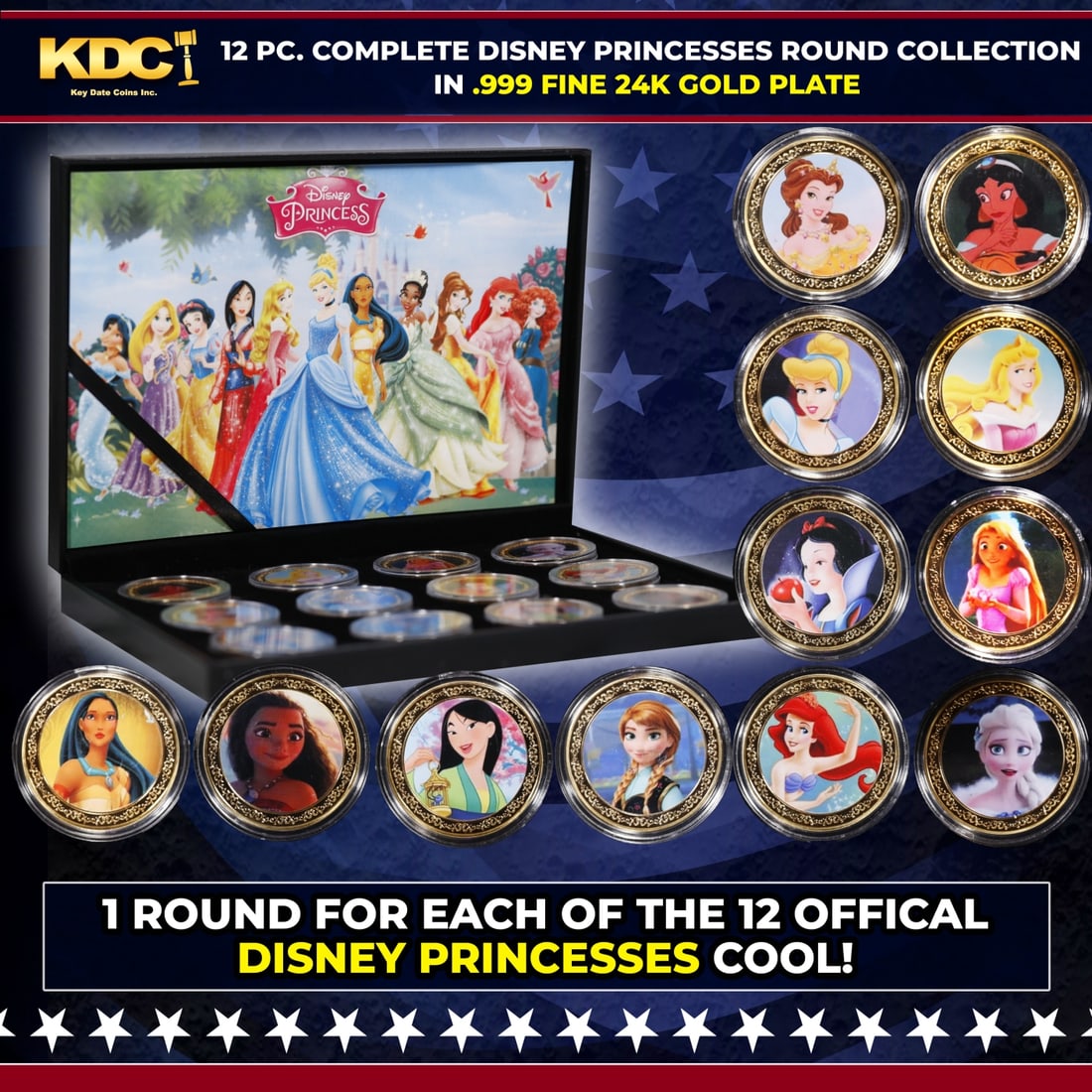 12 Coin Complete Disney Princess Gold Plated Round Collection In Custom Box W/ Special Backer card: 12 Coin Complete Disney Princess Gold Plated Round Collection In Custom Box W/ Special Backer card. Please Note All Backer Cards may have slight differences but will be very similar if not identical t