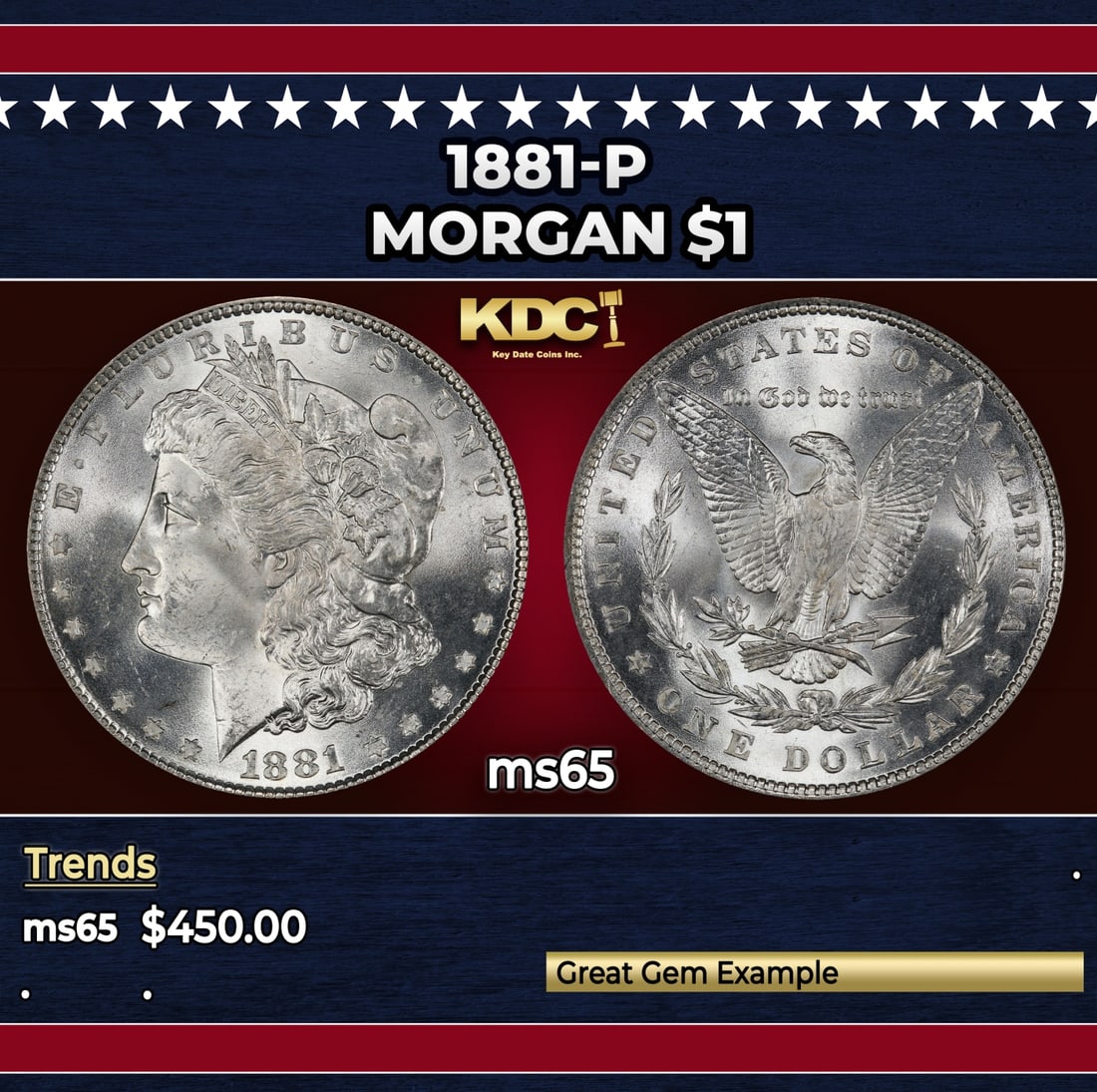 1881-p Morgan Dollar $1 Grades ms65: 1881-p Morgan Dollar $1 Grades ms65. Historic precious metal trends is causing increased spot pricing by the day. On auctions with set openings, we are doing our best to have items priced at their mar