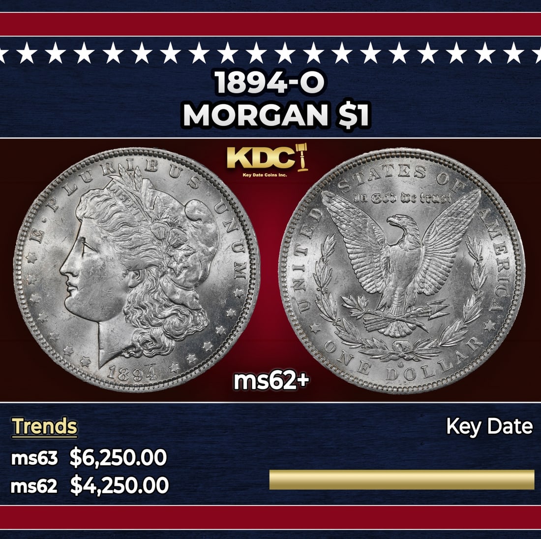 1894-o Morgan Dollar $1 ms62+ USCG: 1894-o Morgan Dollar $1 ms62+ USCG. Historic precious metal trends is causing increased spot pricing by the day. On auctions with set openings, we are doing our best to have items priced at their mark