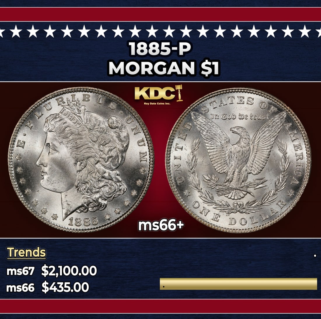 1885-p Morgan Dollar $1 ms66+ SEGS: 1885-p Morgan Dollar $1 ms66+ SEGS. Historic precious metal trends is causing increased spot pricing by the day. On auctions with set openings, we are doing our best to have items priced at