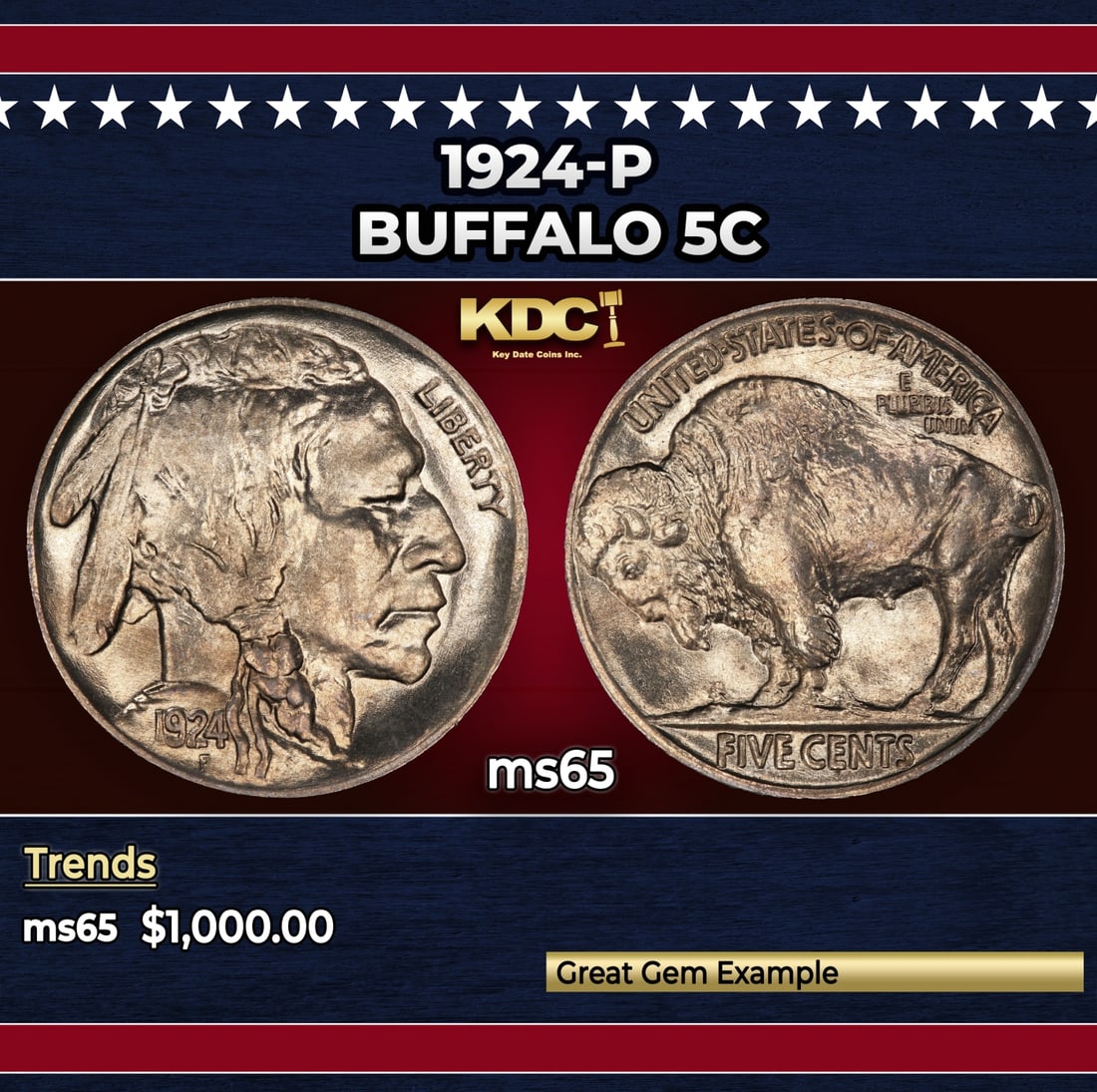 1924-p Buffalo Nickel 5c ms65 SEGS: 1924-p Buffalo Nickel 5c ms65 SEGS. Historic precious metal trends is causing increased spot pricing by the day. On auctions with set openings, we are doing our best to have items priced at