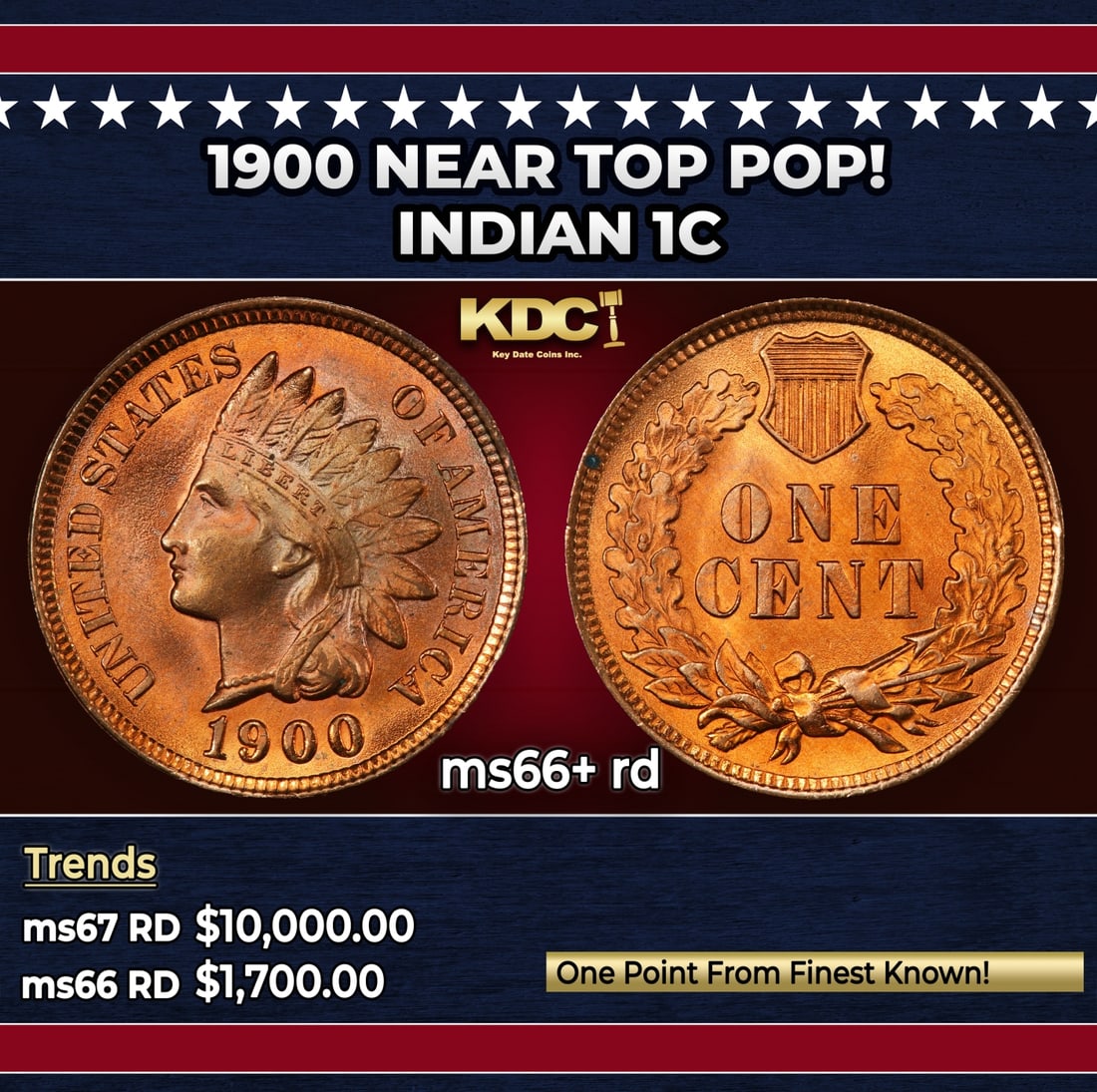 1900 Indian Cent Near Top Pop! 1c ms66+ rd SEGS: 1900 Near Top Pop! Indian Cent 1c ms66+ rd SEGS. Historic precious metal trends is causing increased spot pricing by the day. On auctions with set openings, we are doing our best to have items priced