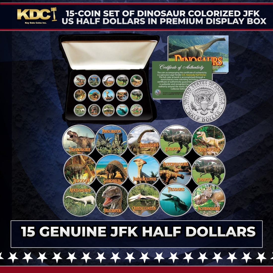 15-Coin Set of DINOSAUR Colorized JFK US Half Dollars in Premium Display Box Other Toy: 15-Coin Set of DINOSAUR Colorized JFK US Half Dollars in Premium Display Box. Seize the opportunity to own an exquisitely colorized DINOSAUR Complete 15-coin JFK Kennedy Half Dollar U.S. Coin Collecti