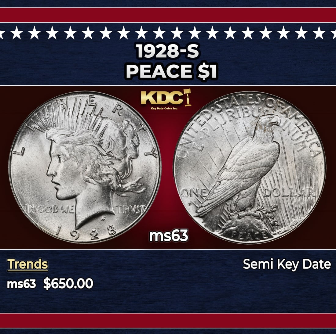 1928-s Peace Dollar $1 Grades ms63: 1928-s Peace Dollar $1 Grades ms63. Historic precious metal trends is causing increased spot pricing by the day. On auctions with set openings, we are doing our best to have items priced at their mark