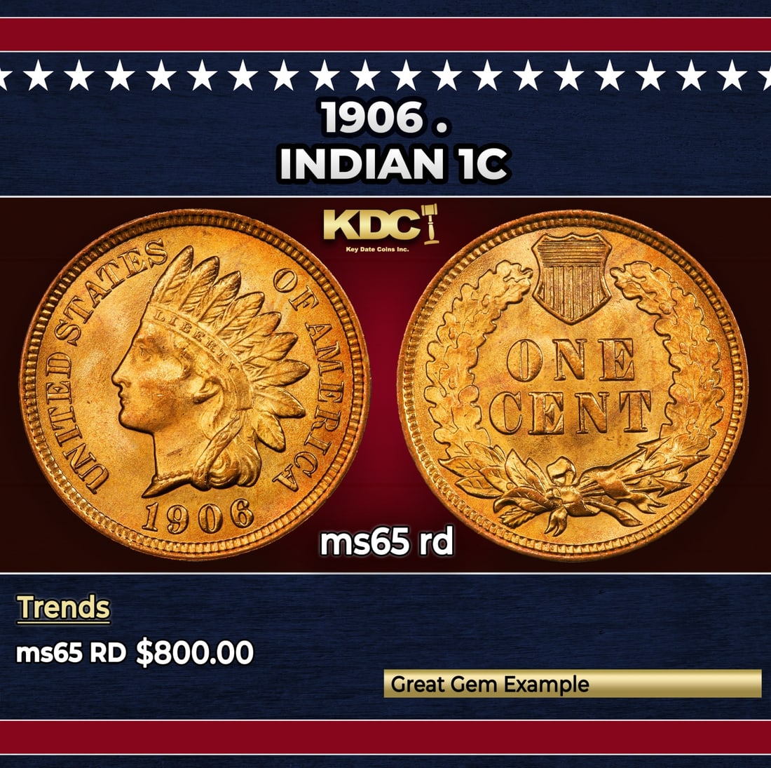 1906 Indian Cent . 1c Grades ms65 rd: 1906 . Indian Cent 1c Grades ms65 rd. Historic precious metal trends is causing increased spot pricing by the day. On auctions with set openings, we are doing our best to have items priced at their ma