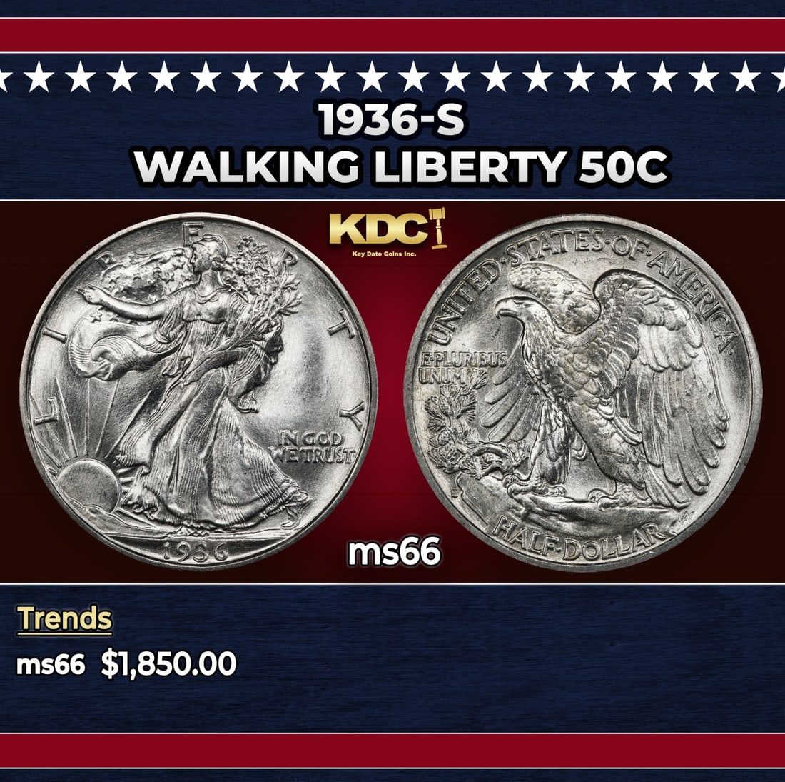 1936-s Walking Liberty Half Dollar 50c ms66 SEGS: 1936-s Walking Liberty Half Dollar 50c ms66 SEGS. Historic precious metal trends is causing increased spot pricing by the day. On auctions with set openings, we are doing our best to have