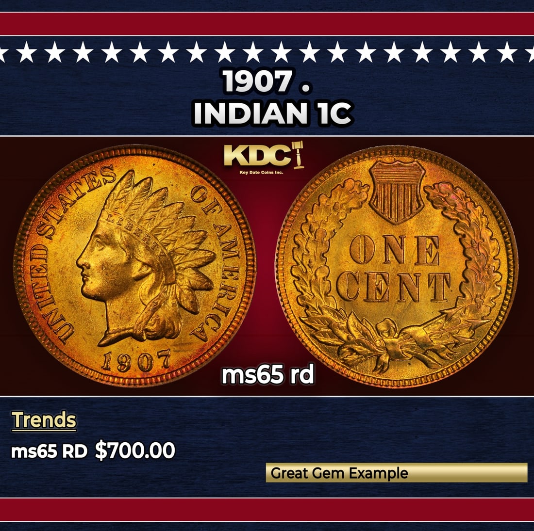 1907 Indian Cent . 1c Grades ms65 rd: 1907 . Indian Cent 1c Grades ms65 rd. Historic precious metal trends is causing increased spot pricing by the day. On auctions with set openings, we are doing our best to have items priced at their ma