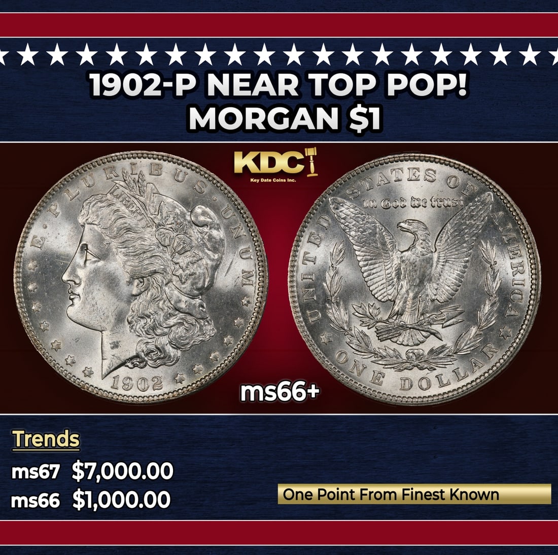 1902-p Morgan Dollar Near Top Pop! $1 ms66+ SEGS: 1902-p Near Top Pop! Morgan Dollar $1 ms66+ SEGS. Historic precious metal trends is causing increased spot pricing by the day. On auctions with set openings, we are doing our best to have items priced