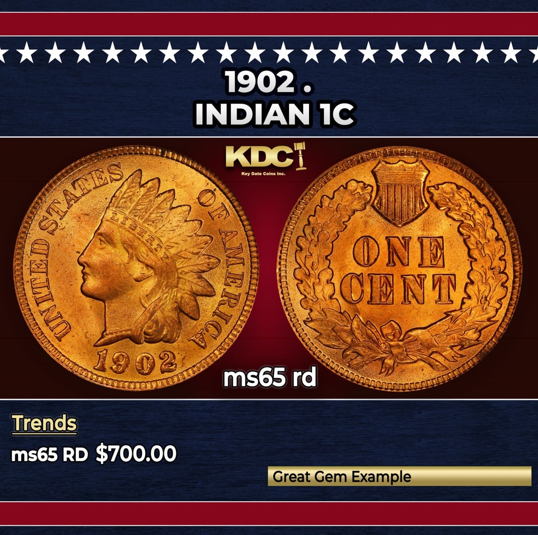 1902 Indian Cent . 1c Grades ms65 rd: 1902 . Indian Cent 1c Grades ms65 rd. Historic precious metal trends is causing increased spot pricing by the day. On auctions with set openings, we are doing our best to have items priced at their ma