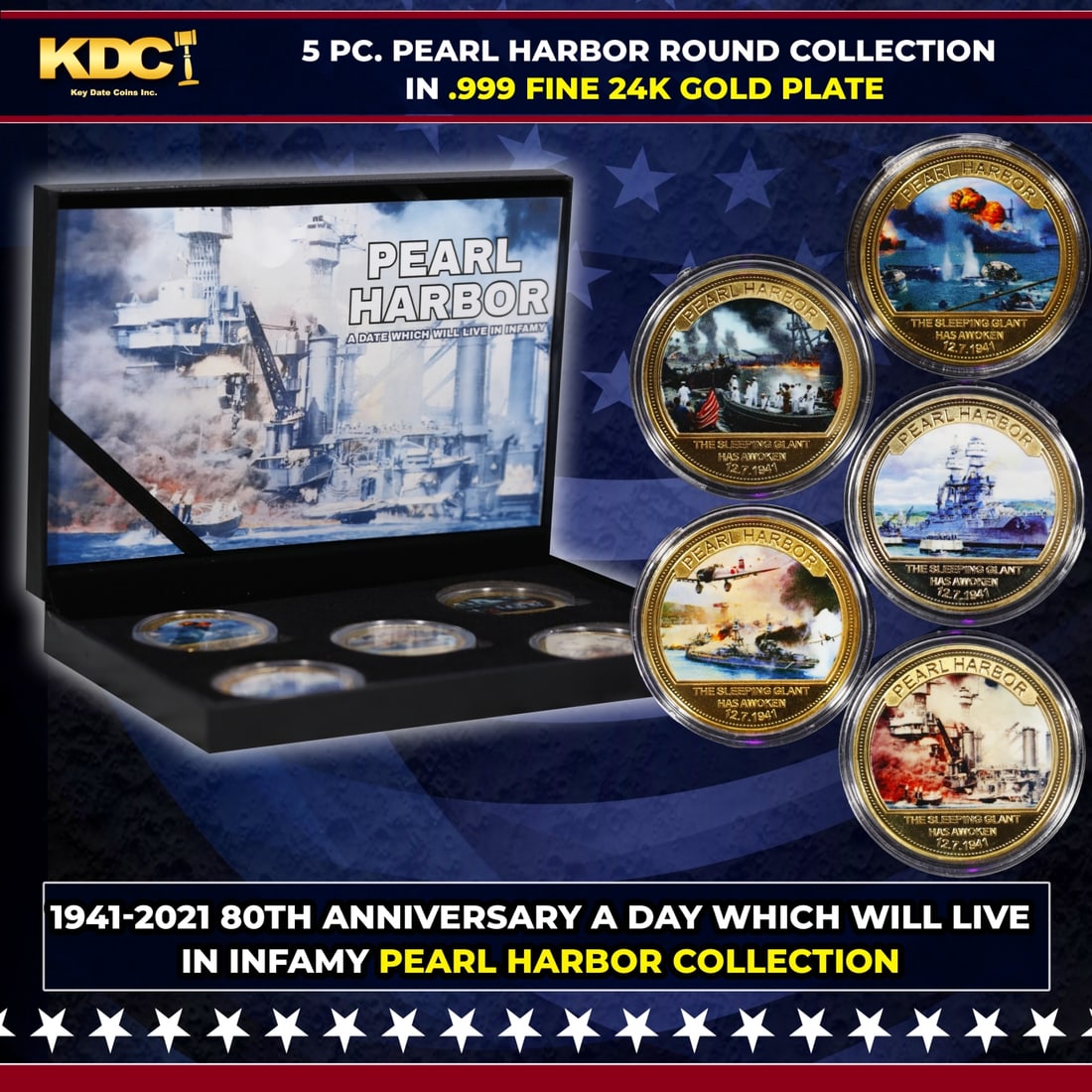 5 Coin Pearl Harbor Gold Plated Round Collection In Custom Box W/ Special Backer card: 5 Coin Pearl Harbor Gold Plated Round Collection In Custom Box W/ Special Backer card. 5 Pc. Pearl Harbor Gold Plated Round Collection. This set contains 5 rounds made up of .999 Fine Gold Plate from