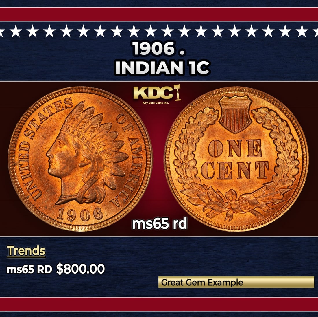 1906 Indian Cent . 1c Grades ms65 rd: 1906 . Indian Cent 1c Grades ms65 rd. Historic precious metal trends is causing increased spot pricing by the day. On auctions with set openings, we are doing our best to have items priced at their ma