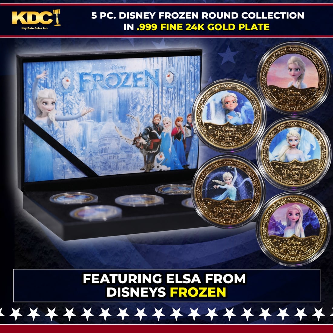 5 Coin Disney Frozen Gold Plated Round Collection In Custom Box W/ Special Backer card: 5 Coin Disney Frozen Gold Plated Round Collection In Custom Box W/ Special Backer card. Please Note All Backer Cards may have slight differences but will be very similar if not identical to the one in