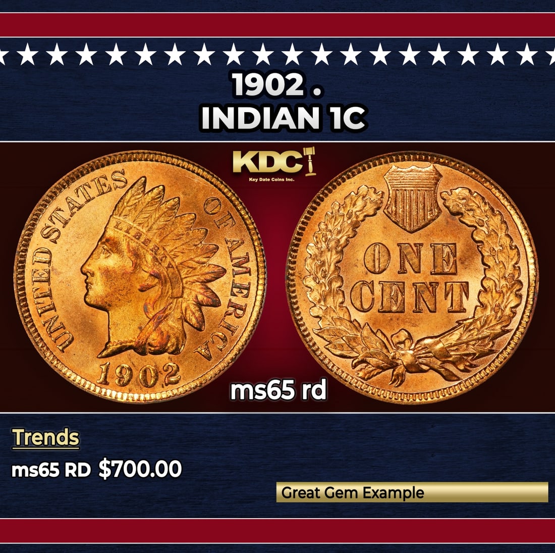 1902 Indian Cent . 1c Grades ms65 rd: 1902 . Indian Cent 1c Grades ms65 rd. Historic precious metal trends is causing increased spot pricing by the day. On auctions with set openings, we are doing our best to have items priced at their ma