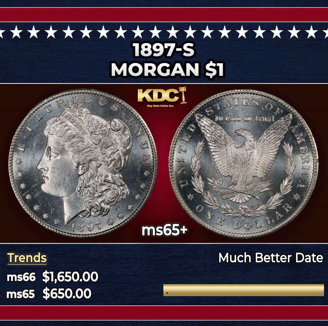 1897-s Morgan Dollar $1 ms65+ SEGS: 1897-s Morgan Dollar $1 ms65+ SEGS. Historic precious metal trends is causing increased spot pricing by the day. On auctions with set openings, we are doing our best to have items priced at their mark