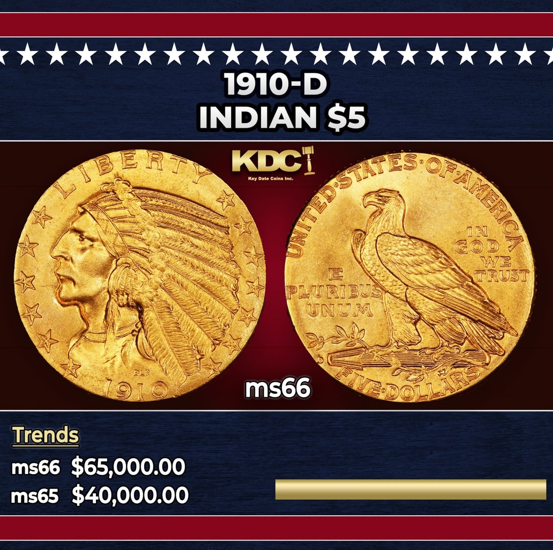 1910-d Gold Indian Half Eagle $5 ms66 USCG: 1910-d Gold Indian Half Eagle $5 ms66 USCG. The 1910-D is one of the more conditionally challenging issues in the Indian half eagle series. It is easily obtainable in MS63 and lower grades, but in MS6