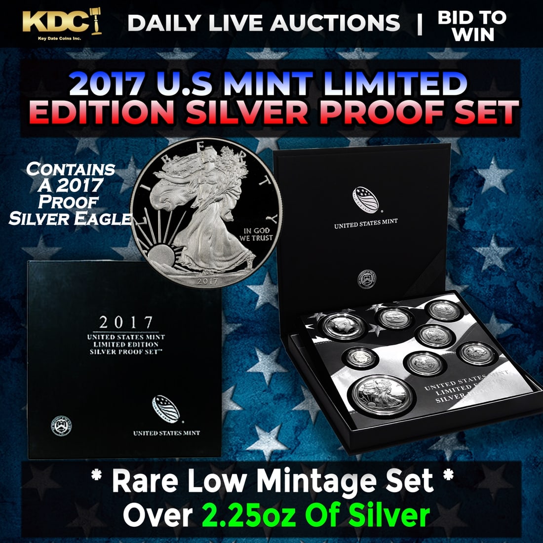RARE 2017 United States Mint Limited Edition Silver Proof Set 8 coins, Over 2.25oz Of Silver low: RARE 2017 United States Mint Limited Edition Silver Proof Set 8 coins, Over 2.25oz Of Silver low mintage. DESCRIPTION The 2017 United States Mint Limited Edition Silver Proof Set contains