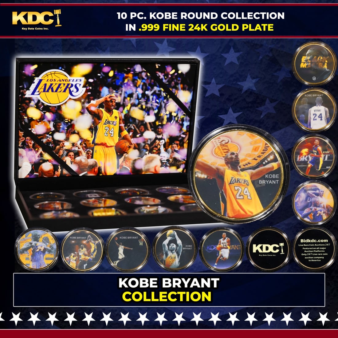 10 Coin Kobe Bryant Remembrance Gold Plated Round Collection: 10 Coin Kobe Bryant Remembrance Gold Plated Round Collection. 10 Pc. Kobe Bryant Gold Plated Round Collection. This set contains 10 rounds made up of .999 Fine Gold Plate from The Kobe Bryant