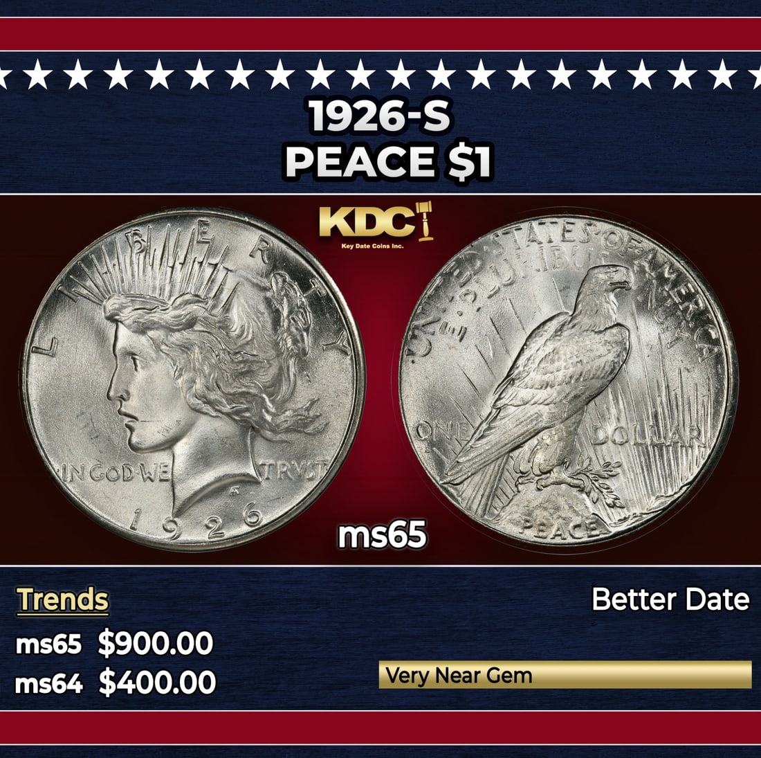 1926-s Peace Dollar $1 Grades ms65: 1926-s Peace Dollar $1 Grades ms65. Historic precious metal trends is causing increased spot pricing by the day. On auctions with set openings, we are doing our best to have items priced at