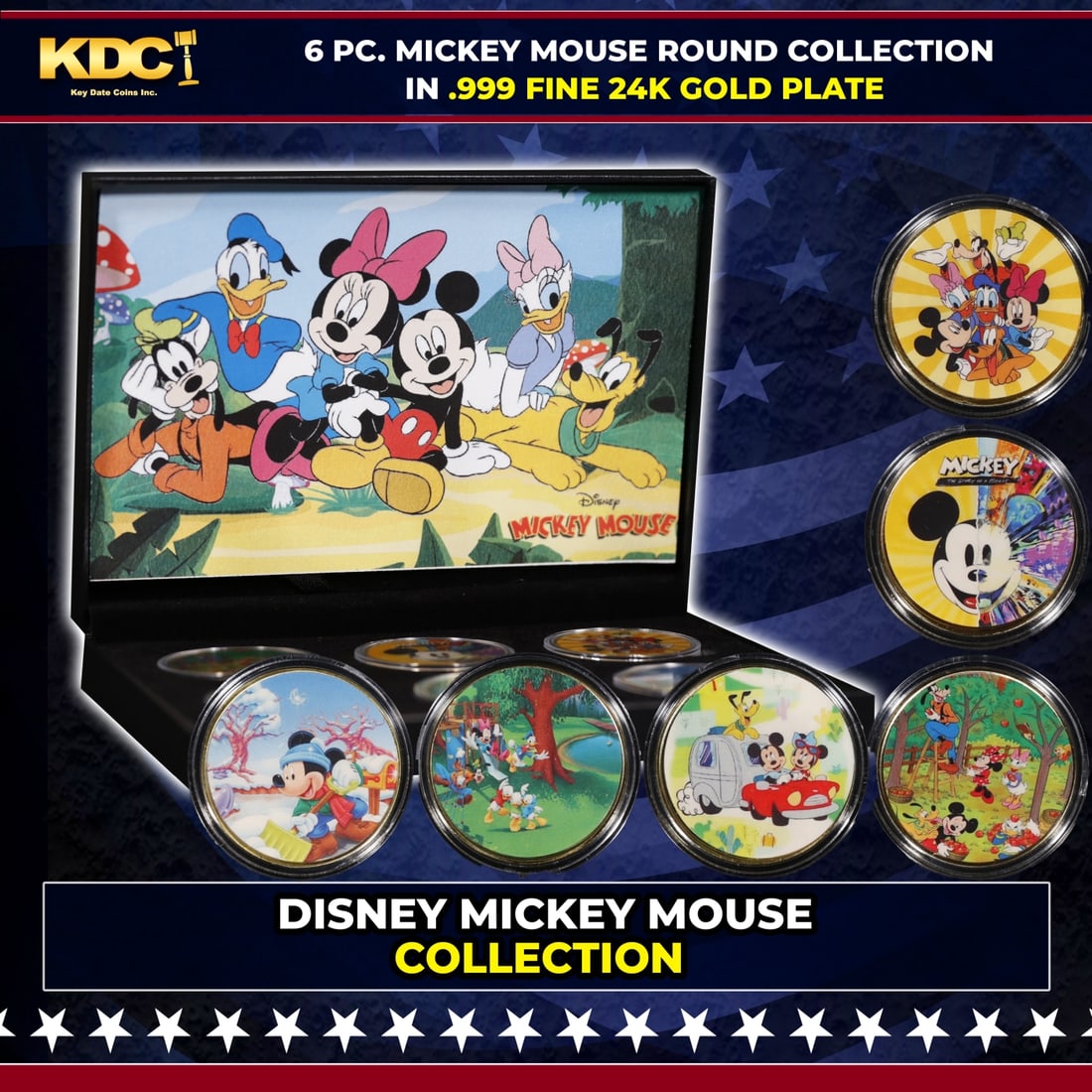 6 PC. Mickey Mouse & Friends Gold Plated Round Collection In Custom Box W/ Special Backer card: 6 PC. Mickey Mouse & Friends Gold Plated Round Collection In Custom Box W/ Special Backer card. Please Note All Backer Cards may have slight differences but will be very similar if not