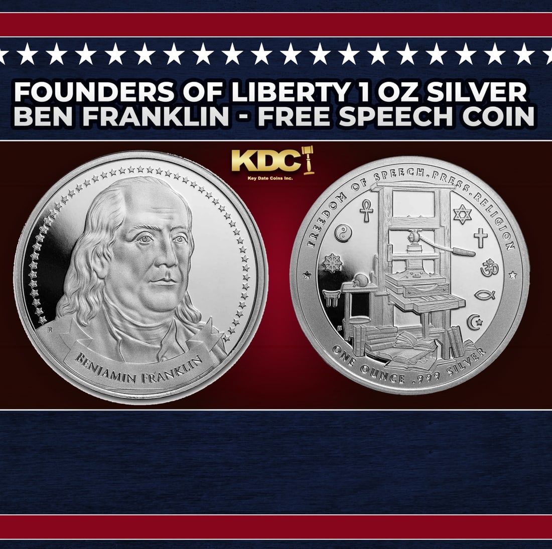Founders of Liberty 1 oz Silver - Ben Franklin - Free Speech Coin Round: Founders of Liberty 1 oz Silver - Ben Franklin - Free Speech Coin. This is the first round in an exclusive series celebrating the ideas that make liberty possible along with the people behind them. Ea