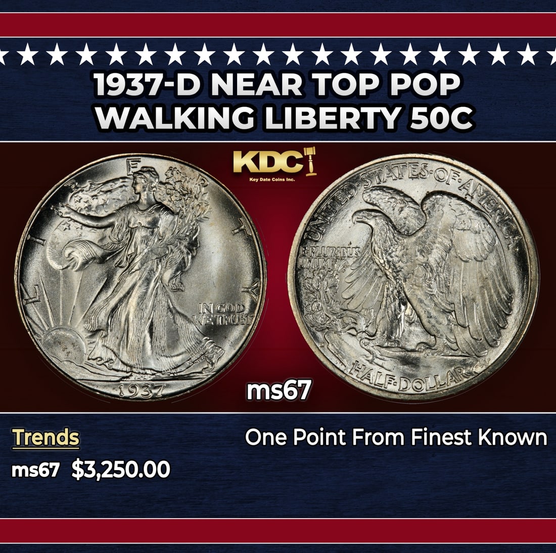 1937-d Walking Liberty Half Dollar Near Top Pop 50c ms67 SEGS: 1937-d Near Top Pop Walking Liberty Half Dollar 50c ms67 SEGS. Historic precious metal trends is causing increased spot pricing by the day. On auctions with set openings, we are doing our best to have