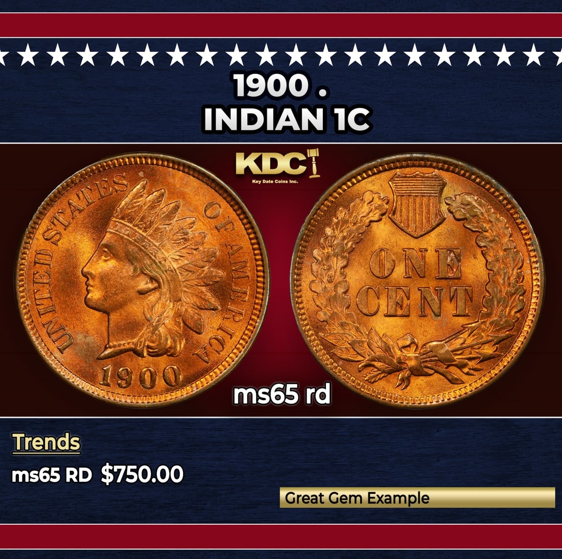 1900 Indian Cent . 1c Grades ms65 rd: 1900 . Indian Cent 1c Grades ms65 rd. Historic precious metal trends is causing increased spot pricing by the day. On auctions with set openings, we are doing our best to have items priced at their ma