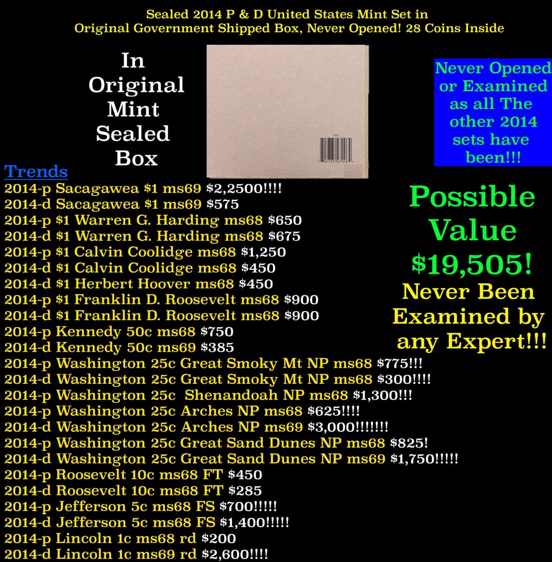 Original sealed box 2014 United States Mint Set: Original sealed box 2014 United States Mint Set. Sealed Box of one 2014 US Mint Uncirculated Set with 28 coins. Coins include both the Philadelphia and Denver mint Lincoln Cent, Jefferson