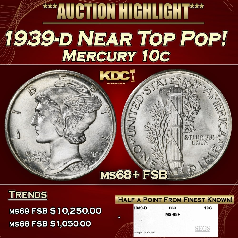 1939-d Mercury Dime Near Top Pop! 10c ms68+ FSB SEGS: 1939-d Near Top Pop! Mercury Dime 10c ms68+ FSB SEGS. 0