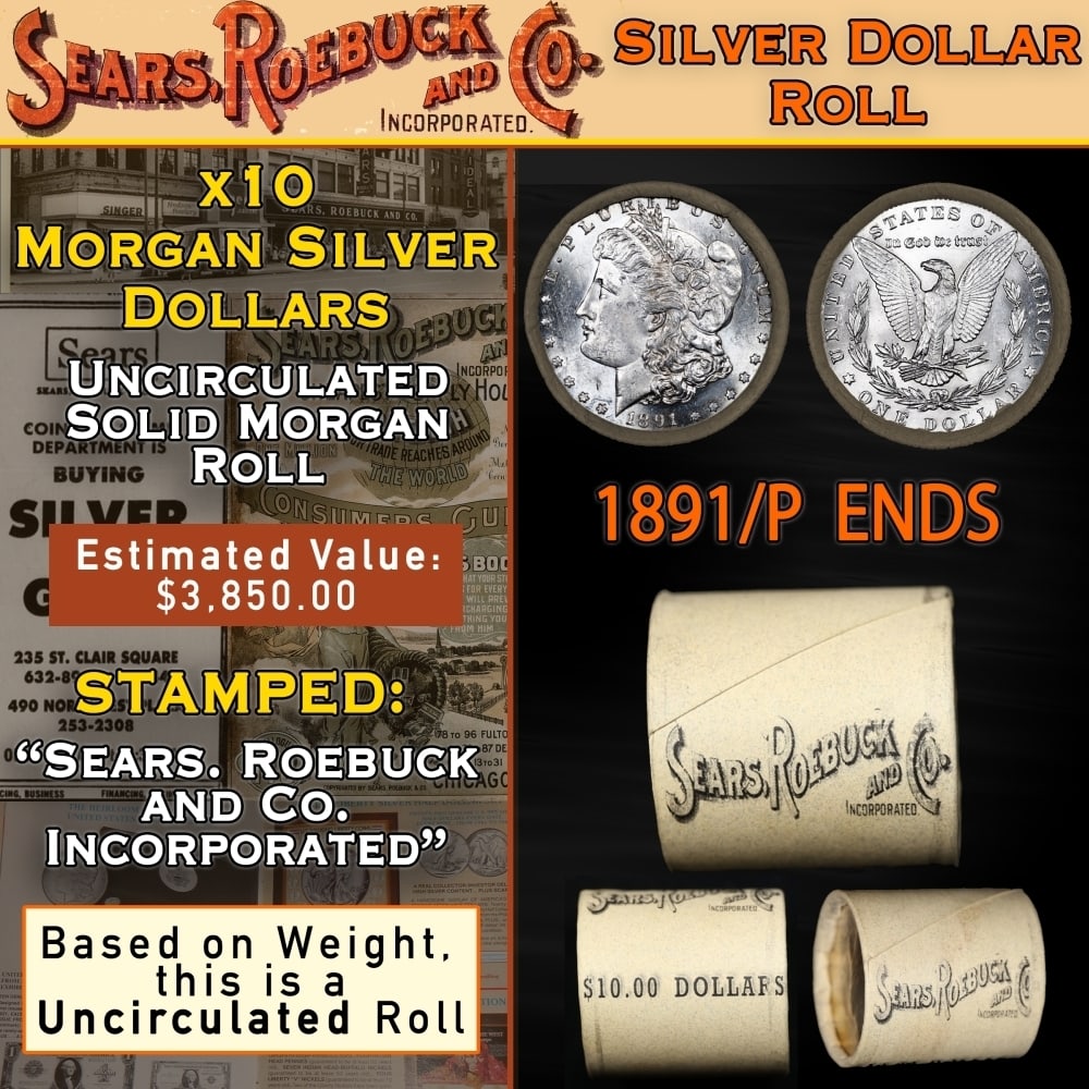 Morgan Dollar Roll From SEARS 10 Coin Rare UNC 1891/'P' Rev Ends: Morgan Dollar Roll From SEARS 10 Coin Rare UNC 1891/'P' Rev Ends. Up For Auction is a 35- Morgan Dollar Roll From SEARS 10 Coin Rare UNC 1891/'P' Rev Ends Roll Weighing 270.3 g Based On this weight th