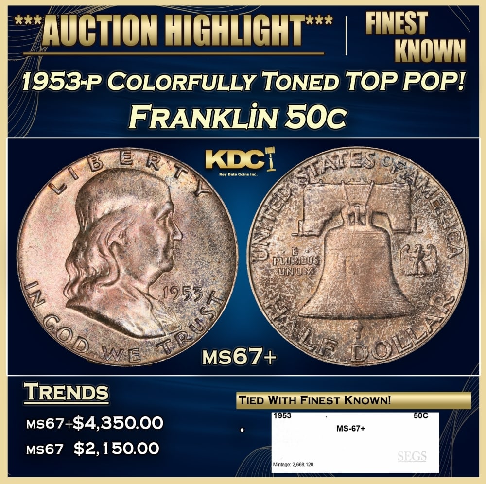 1953-p Franklin Half Dollar Colorfully Toned TOP POP! 50c ms67+ SEGS: 1953-p Colorfully Toned TOP POP! Franklin Half Dollar 50c ms67+ SEGS. 0