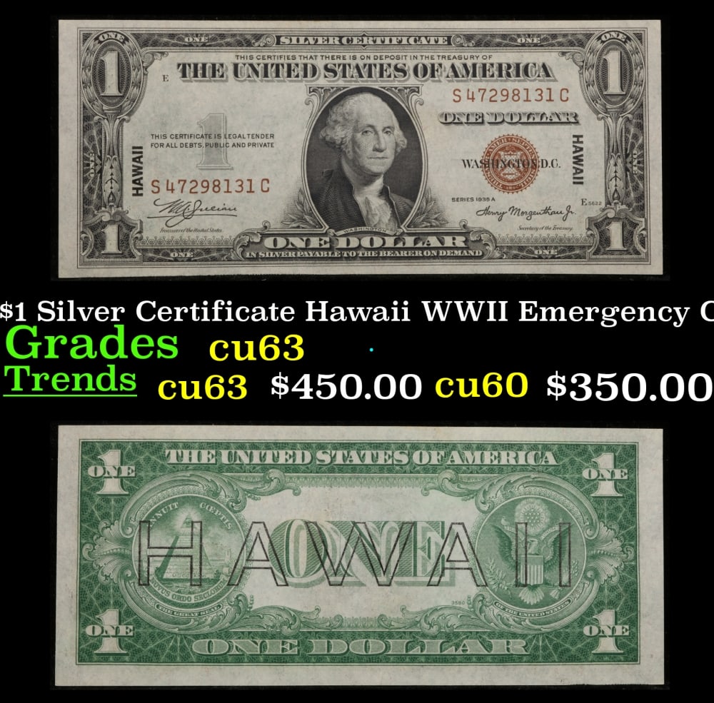 1935A $1 Silver Certificate Hawaii WWII Emergency Currency Grades Select CU: 1935A $1 Silver Certificate Hawaii WWII Emergency Currency Grades Select CU. FR-2300 Signatures of Julian & Morgenthau WWII Emergency Currency. It was the darkest days of World War II, just after Pear