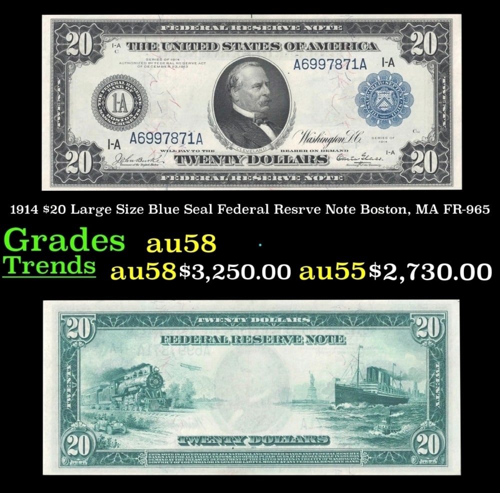 1914 $20 Large Size Blue Seal Federal Resrve Note Boston, MA Grades Choice AU/BU Slider FR-965 (1 of 3)