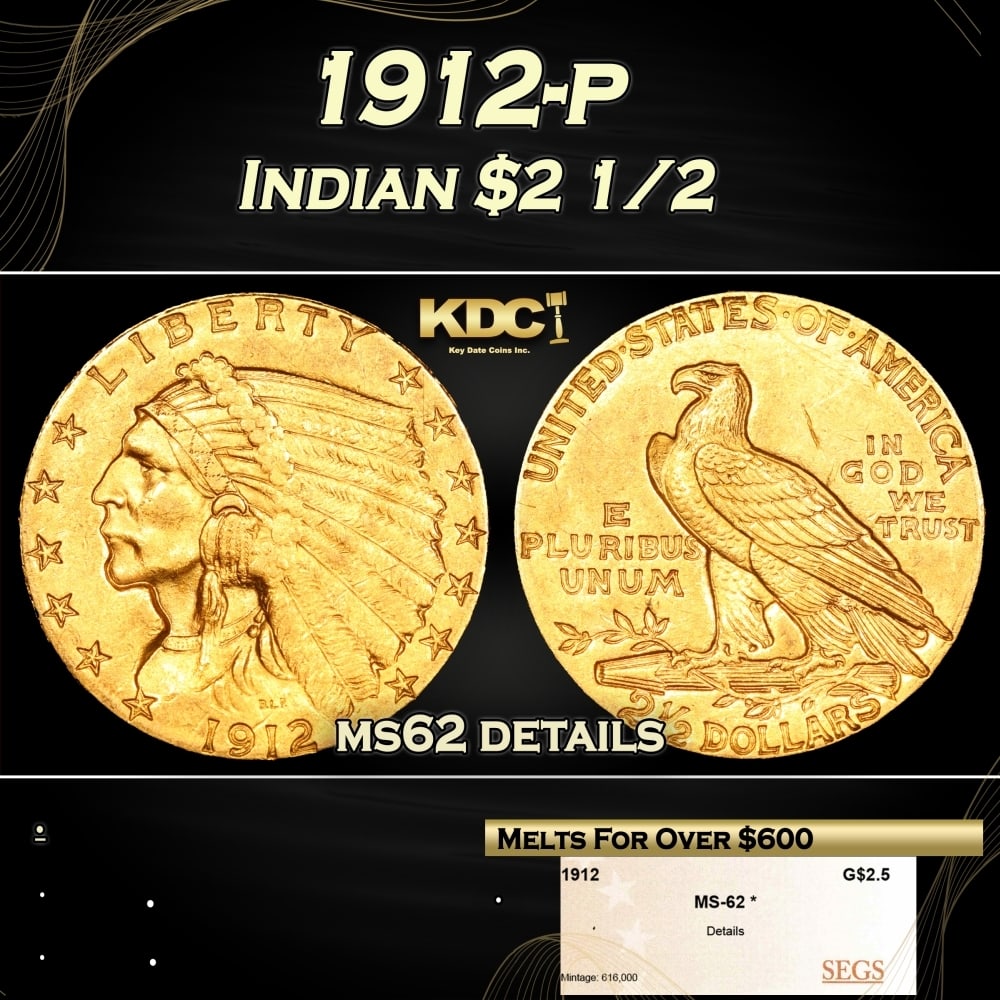 1912-p Gold Indian Quarter Eagle $2 1/2 ms62 details SEGS (1 of 4)